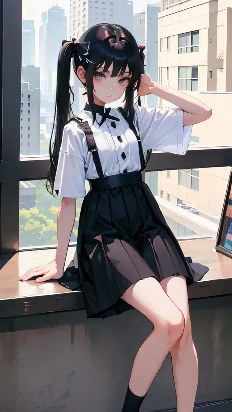 (short cute girl，small young student，young delicate girl）,（masterpiece，Top quality)，sit with one&#39;s knees，，short sleeve，Long twin tails with black hair，sleepy