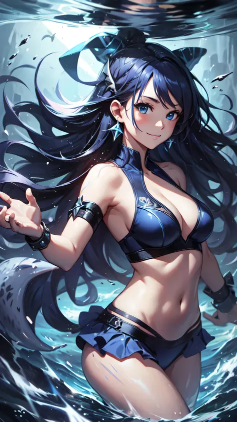 最high quality、best image quality、masterpiece、girl((20-year-old、 By becoming、vest bust、medium bust,wide open breast tea、shining eyes, water hair、long hair、thin,highest valley、blue sports bra、Blue sports pants,diamond earrings、Wristband、black gloves、swimming...