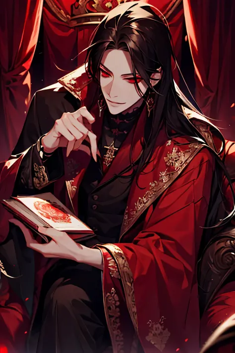 close up of a person in a red coat and black hair, alucard, full body, beautiful male god of death, vampire fashion, detailed anime character art, male vampire of clan banu haqim, full body black and red longcoat, l vampire, with his long black hair, andro...