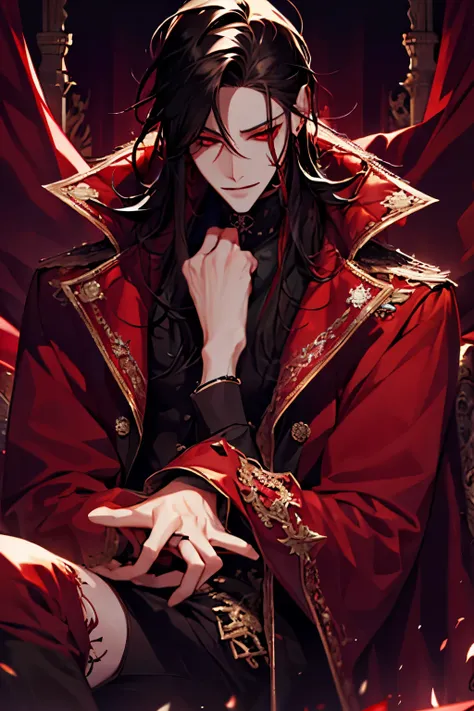 close up of a person in a red coat and black hair, alucard, full body, beautiful male god of death, vampire fashion, detailed anime character art, male vampire of clan banu haqim, full body black and red longcoat, l vampire, with his long black hair, andro...
