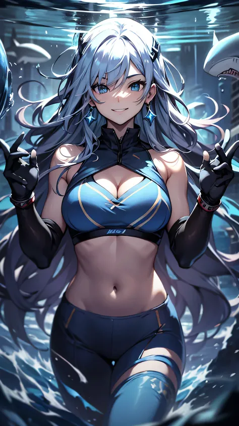 最high quality、best image quality、masterpiece、girl((20-year-old、 By becoming、vest bust、medium bust,wide open breast tea、shining eyes, water hair、long hair、thin,highest valley、blue sports bra、Blue sports pants,diamond earrings、Wristband、black gloves、swimming...