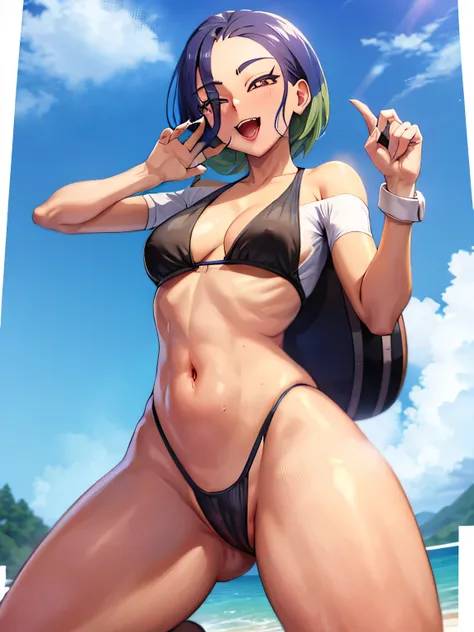 smile、whole body、T-back、Are standing、1 person、Ahegao、Open your mouth wide、black bikini、Dark, tanned skin