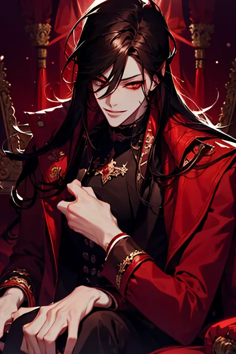 close up of a person in a red coat and black hair, alucard, full body, beautiful male god of death, vampire fashion, detailed anime character art, male vampire of clan banu haqim, full body black and red longcoat, l vampire, with his long black hair, andro...