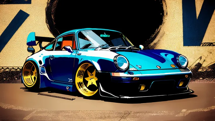 porsche 911 rwb, wide body, sketch, illustration, pop-art, cartoonish, comic strip, chip foose car rendering, chrome wheels, bag...