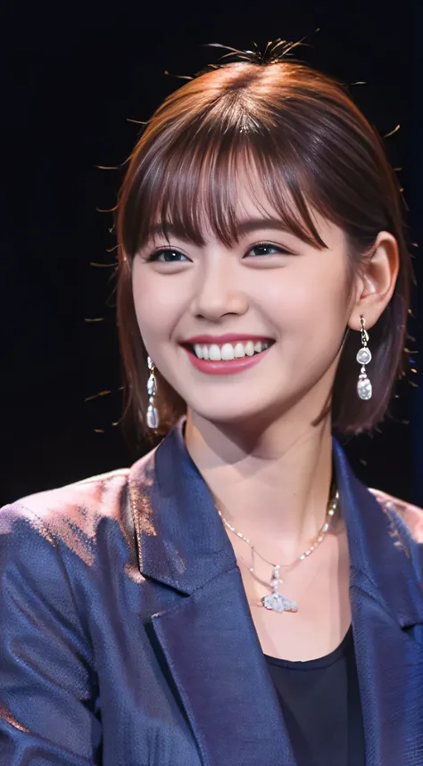 best image quality、超A high resolution、1 girl、beautiful face、short hair､Announcer wearing a long-sleeved leather jacket、sitting in the studio、necklace around neck、ear piercing、smile、beautiful teeth