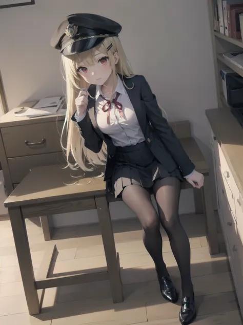 (Masterpiece: 1. 2), (Top quality: 1. 2), Anime girl, One, Blonde hair, Hair clip on right side of forelock, Black cap, Wine red eyes, White female shirt, Brand grey blazer, Small red ribbon across chest, Office clothes, One size larger shirt, Checked pris...