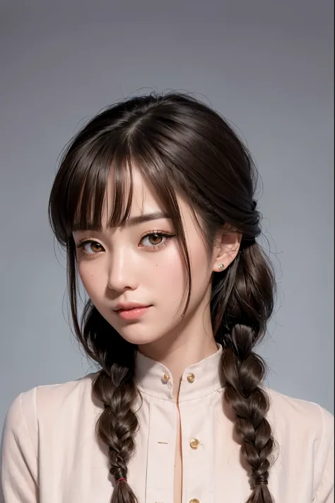 Realistic, masterpiece, highest quality, highest resolution, one japanese woman, A happy smile, beautiful detailed eyes, black eyes, thin eyebrows, Make your eyelashes delicate, false eyelashes, natural makeup, (braid hair, blunt bangs, brown hair:1.2), de...