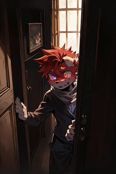 Axel opening the door and discovering a child dressed in a frightening costume, eyes gleaming brightly in the darkness of the night. (Detailed depiction:)

Axel, with furrowed brows, reached out a hand to open the old, creaky door. The hinges grumbled in p...