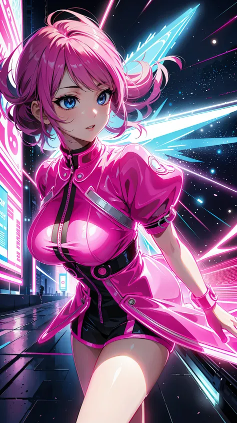 (highest quality、4k、8K、High resolution、masterpiece:1.2)、Super detailed、(anime style、realistic:1.37)、girl wearing neon clothes、neon light、bright colors、Shining atmosphere、futuristic fashion、shiny fabric、neon sign、lively streetscape、confident pose、vibrant en...