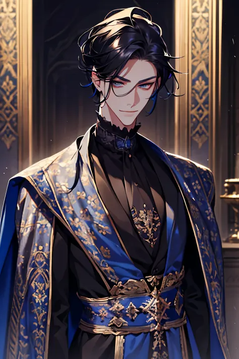 a close up of a person wearing a cape and a cape, wearing fantasy formal clothing, full body, beautiful androgynous prince, ((we...