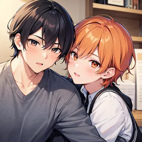 ((best quality)), ((masterpiece)), (detailed), perfect face, 2 boys, gay couple, one boy with dark black hair and dark brown eyes and is tall and handsome, looks fierce and bold, tsundere, very tall, hot and other boy has orange hair and orange eyes and is...