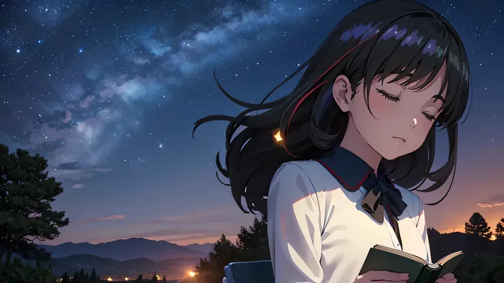 Generate an image of a girl with long black hair, sitting alone on a park bench atop a small hill in a rural area, holding a book and sleeping. The lights of a countryside town are twinkling below, with a view of its night scenery. Above, a starry sky is v...