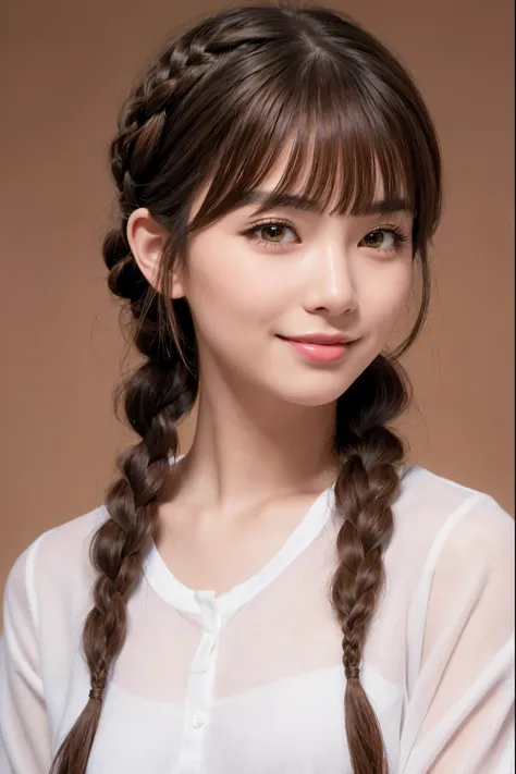 Realistic, masterpiece, highest quality, highest resolution, one japanese woman, A happy smile, beautiful detailed eyes, black eyes, thin eyebrows, Make your eyelashes delicate, false eyelashes, natural makeup, (braid hair, blunt bangs, brown hair:1.2), de...