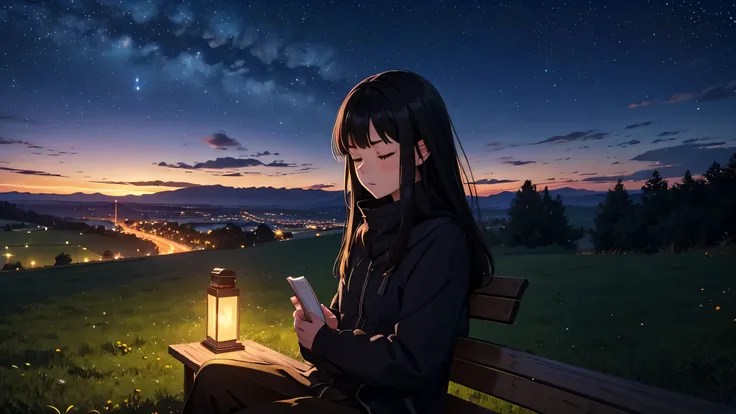 Generate an image of a girl with mid-length black hair and a calm expression, sitting alone on a park bench atop a small hill in a rural area, holding a book with her eyes closed. The lights of a countryside town are twinkling below, offering a view of its...