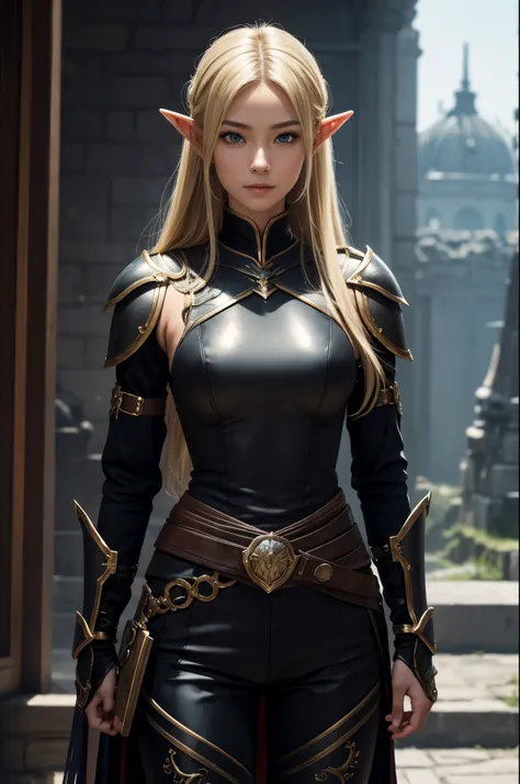 8K,An elf woman who is the vice-commander of the Knights of the Brave.,Super beautiful(like the real thing),green eyes,blonde straight hair,muscular slim body,strongly cracked abdominal muscles,luxurious black exterior,luxury black combat pants,Carrying a ...