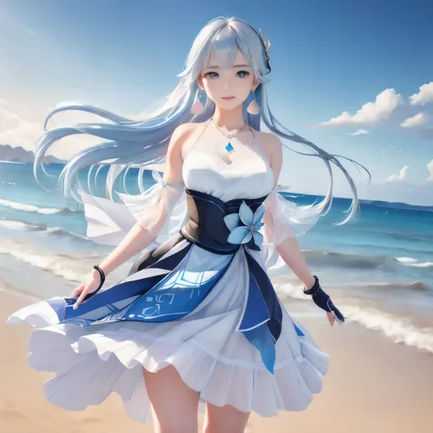 low angle,from below,very windy,skirt lift,panty shot
(1girl),(Kamisato Ayaka in Genshin Impact),  ((masterpiece, highest resolution,best quality)), (beautiful illustration),(semi long beautiful silver blue hair),(beautiful blue eyes), (white elegant see t...