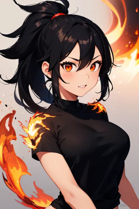 a girls sloppy appearance mulatto with ponytail black hair, fire, black T-shirt, flames, elegant, digital painting, concept art, sharp focus, illustration  