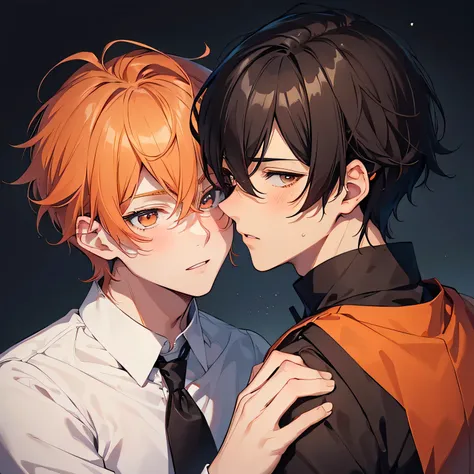 ((best quality)), ((masterpiece)), (detailed), perfect face, 2 boys, gay couple, one boy with dark black hair and dark brown eyes and is tall and handsome, looks fierce and bold, tsundere, very tall, hot and other boy has orange hair and orange eyes and is...