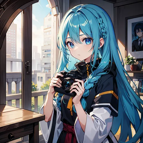 long blue hair，There is a braid on the left side，pupil，Camera in hand