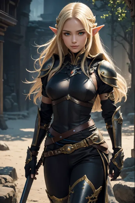 8K,An elf woman who is the vice-commander of the Knights of the Brave.,Super beautiful(like the real thing),green eyes,elf ears,blonde straight hair,muscular slim body,strongly cracked abdominal muscles,luxurious black exterior,luxury black combat pants,Ca...