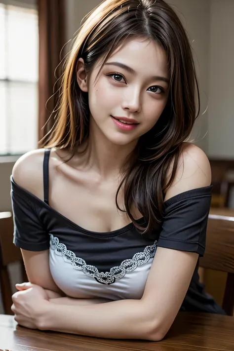 ((realistic light, highest quality, 8K, table top: 1.3)), 1 girl, beauty of slim body: 1.4, brown hair, (((super big: 1.3)), off shoulder cut top: 1.3, highly detailed face, fine eyes, double eyelid, my room, smile, cleavage, saggy breasts, (((beauty of sa...