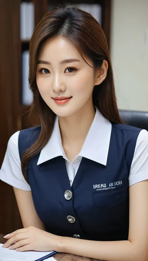close-up shot of beautiful korean female, 36 inch breasts size, slightly smile, wearing dresed in a blue, black and white themed sleeveless collared Internal audit department uniform, sitting in the the meeting room