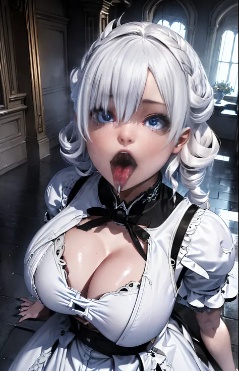 a 19yo woman(goth girl, white curly hair)Her eyes are blue and beautiful. More punk style、gothic clothes、house indoor, light from windows, standing up, thick thigs, cinematic lights, light particles, lipstick、Detailed details, cinematic lights,, massive br...