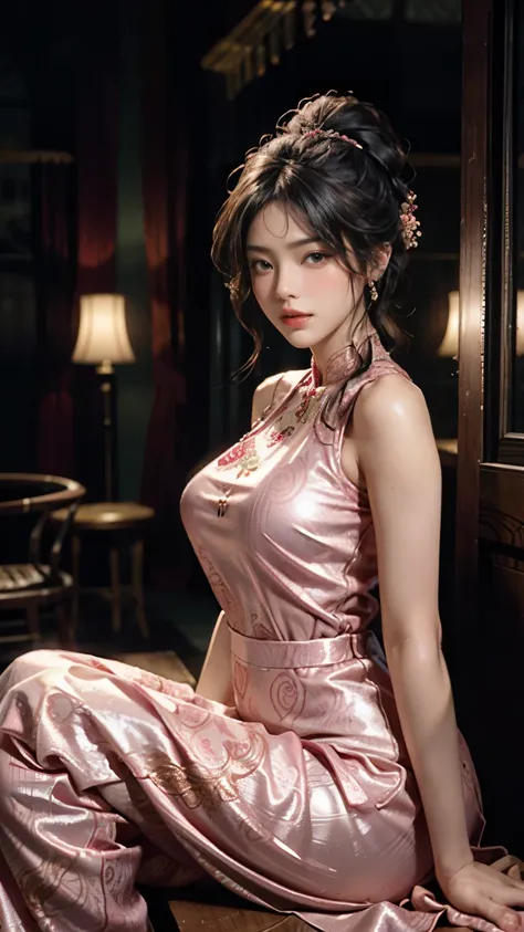 The art depicts a charming woman in a flowing, silky traditional oriental dress in pink, tight translucent trousers, decorated with intricate patterns and bright colors. Her dress drapes elegantly over her curvy figure, accentuating her seductive silhouett...