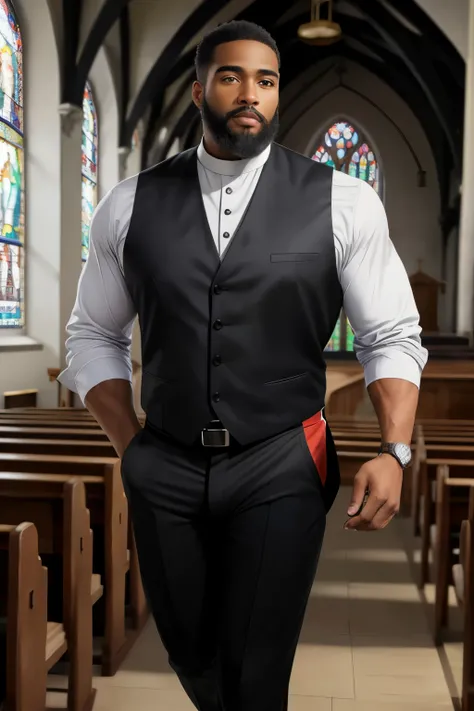 ((best quality)), ((masterpiece)), (detailed), perfect face, black male, wearing a priest garment, black dress pants, inside a church, realistic,verry muscular, 50y, with beard, grey hair, handsome, huge bulge between legs, old man, tall like a basket play...