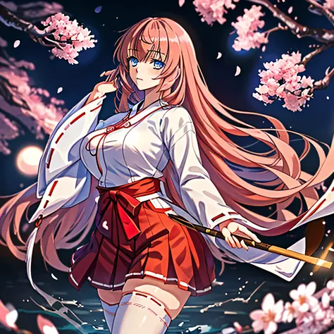 masterpiece, highest quality, High resolution, 1 girl, ichinose honami, big breasts,Miko costume,moonlight,blue ribbon behind head,cherry blossoms、blue eyes,,cheeks are red,Red scarlet hakama、white stockings,magic circle,pink hair,beautiful features,