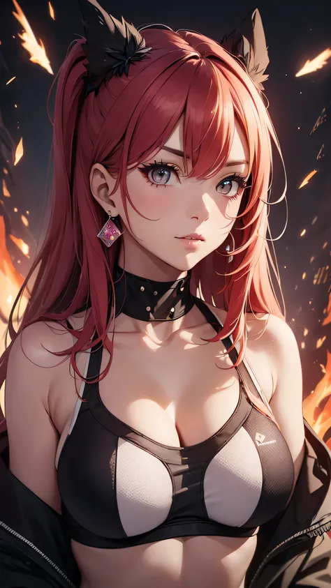 最high quality、best image quality、masterpiece、girl((20-year-old、 By becoming、vest bust、medium bust,wide open breast tea、shining eyes, glowing red hair、long hair、thin,highest valley、red sports bra、Red sports pants,Ruby Earrings、Wristband、black gloves、hero po...