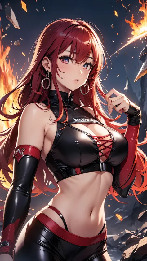 最high quality、best image quality、masterpiece、girl((20-year-old、 By becoming、vest bust、medium bust,wide open breast tea、shining eyes, glowing red hair、long hair、thin,highest valley、red sports bra、Red sports pants,Ruby Earrings、Wristband、black gloves、hero po...