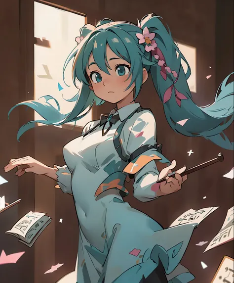 (masterpiece、highest quality、highest quality、official art、beautiful beautiful:1.2)、(1 girl:1.3)Hatsune Miku、twin tails,big breasts,table top, hire, cinematic lighting, sharpest focus, highest quality, Depth of the bounds written, Movie cover, particles of ...