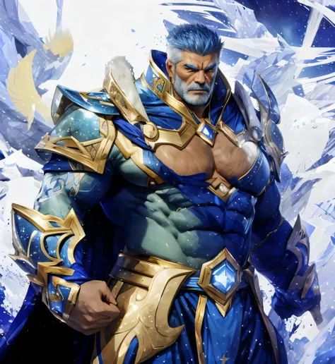 A big, muscular old man，sixty-five years old，Gorgeous jewel-blue Chinese style armor，Gold trim，He bared his huge muscular chest，He bared his great pectoral muscles，full of energy，Behind him was a brilliant starry sky and Cold polar，He bared his strong ches...