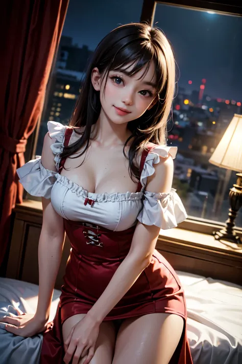 very cute and beautiful girl,(highly detailed beautiful face),
standing,cowboy shot,(glamorous frilled red nightgown),skirt lift,(white panties),looking at viewer,(smile:1.2),black hair,
antique hotel bedroom at night,window,night city overview,
(best qual...