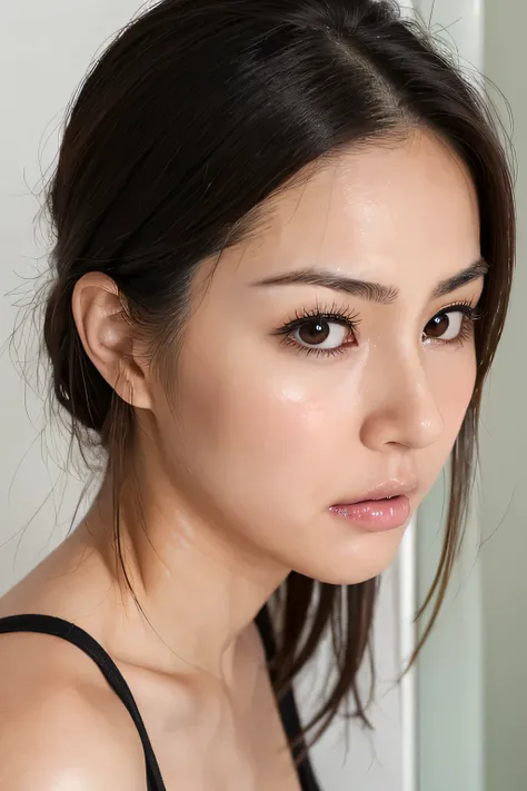 beautiful japanese,1 girl(masterpiece:1.2, highest quality), (realistic, photorealistic:1.4),, focus the eyes clearly, nose and mouth,face focus, super close up of face、 35 years old,black hair、symmetrical face,realistic nostrils、Angle from below、Elongated...