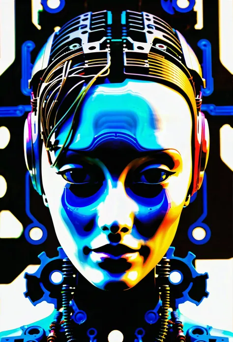 The image features a female android face surrounded by various mechanical parts, including gears, wires, and circuit boards. 16:9.