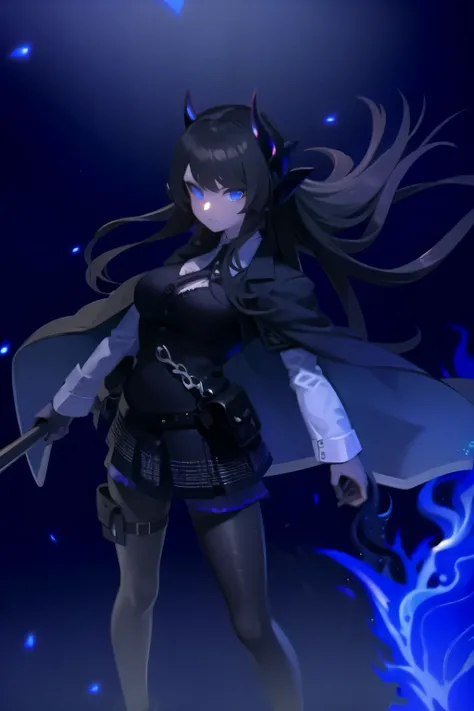 demon girl, black suit, blue fire, horns long hair, blue eyes