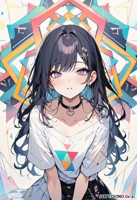 ,beautiful flower々）,mole under eye, heart shaped choker, (masterpiece, highest quality), official art, beautiful and aesthetic: 1.2), (1 girl), very detailed, (geometry art: 1.3), colorful