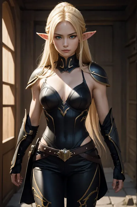 8K,An elf woman who is the vice-commander of the Knights of the Brave.,Super beautiful(like the real thing),green eyes,elf ears,blonde straight hair,muscular slim body,strongly cracked abdominal muscles,luxurious black exterior,luxury black combat pants,an...