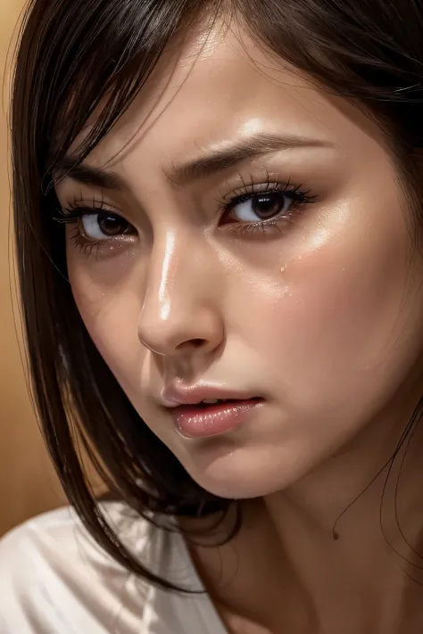 beautiful japanese,1 girl(masterpiece:1.2, highest quality), (realistic, photorealistic:1.4),, focus the eyes clearly, nose and mouth,face focus, super close up of face、 35 years old,black hair、symmetrical face,realistic nostrils、Angle from below、Elongated...