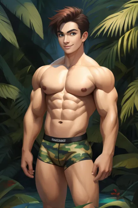 a teen (human) in camouflage underwear posing for a picture, fantasy jungle, vascularity, john jude palencar, profile picture 1024px, natural contour aesthetics!!, insane smile, discord moderator, sub tropical, age 20, gains, rainforest, buttshape, wow!!!!...