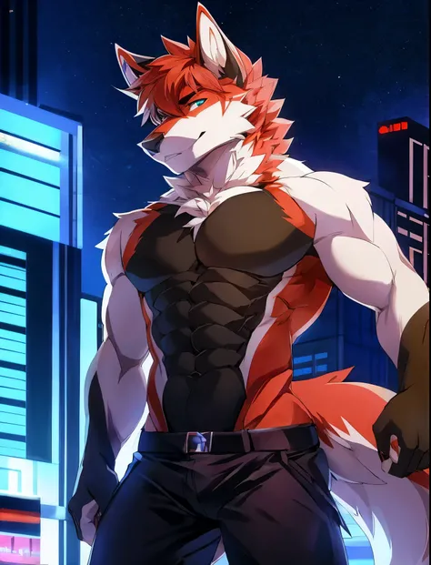 ((Solo)), male people, anthro wolf, (Multi-colored fur, White tail pointed), (Height 3meters,Tail length 2meters), Abs, pinginuscular, A long big tail, by patto, modern city