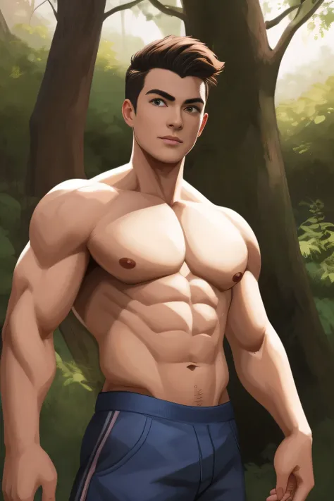 a teen (human) in camouflage underwear posing for a picture, fit physique, mixed race, tropical forest, eddie del rio, 19 year old, beautiful symmetric body, body fitted dart manipulation, romanesque, lush greens, beta male, matt murphy, beautiful body and...