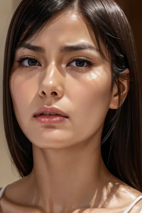 beautiful japanese,1 girl(masterpiece:1.2, highest quality), (realistic, photorealistic:1.4),, focus the eyes clearly, nose and mouth,face focus, super close up of face、 35 years old,black hair、symmetrical face,realistic nostrils、Angle from below、Elongated...