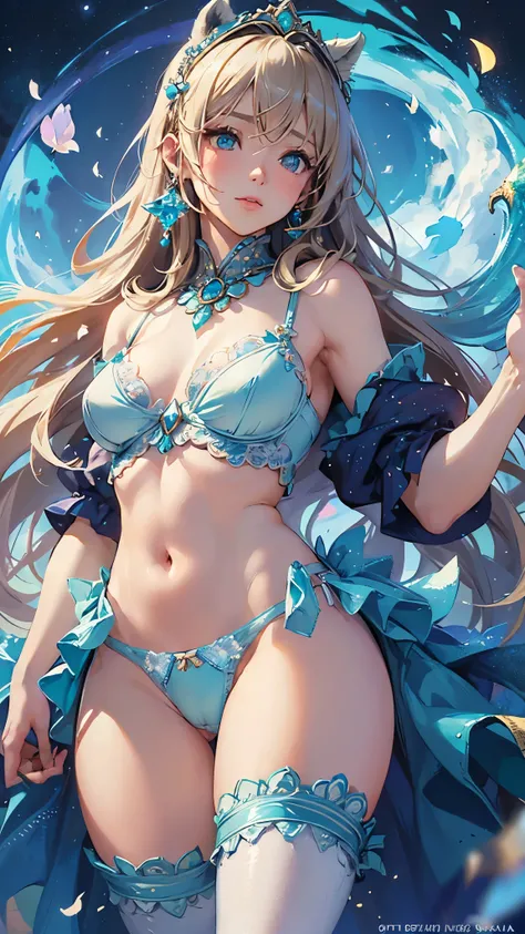 (Realistic Mekosuji:1.5)、(Only panties are erotic:1.3)、(fresh cameltoe:1.4)、(masterpiece),(highest quality),（very clear depiction)、fantasy,Blue space with shining stars,ice cave,Girl Who Uses Magic,(Little blonde girl),,green eyes,(Blue jewels and luxuriou...