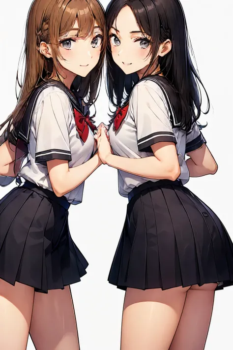 Two high school girls hugging each other、seductive smile