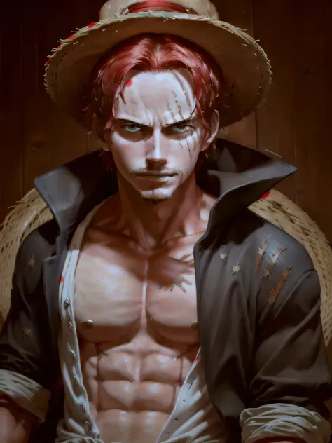 (Masterpiece, best quality),  complicated details,
 1 boy, man, red hair, straw hat, Chunks, Shanks (one piece),  Scars on the face,