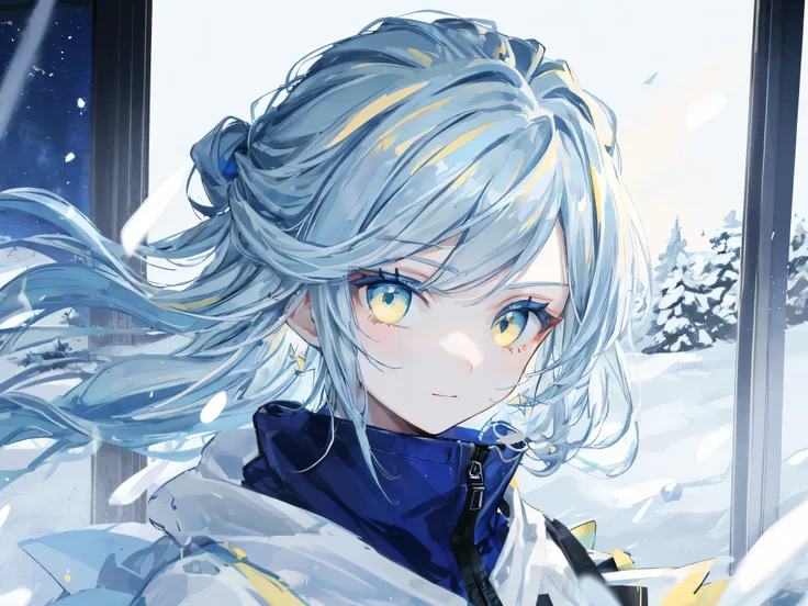 highest quality、highest quality、Super detailed、perfect face、very detailed、very delicate、1 boy, (cute), Angel, light blue hair、half up、place々blue mesh、blue and yellow gradient eyes、noble clothes、snow mountain、snow blowing、nature、detailed background