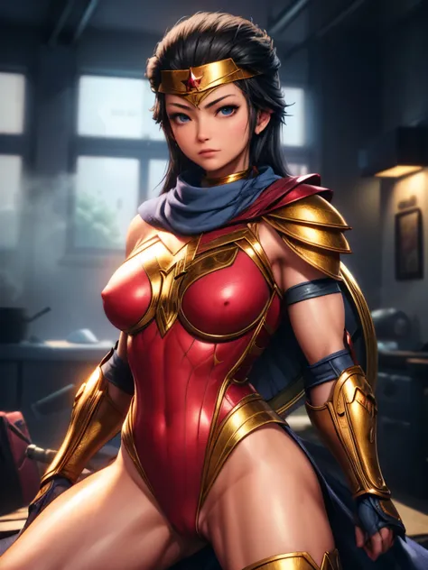 wonder woman,dc,alternate hairstyle,black hair,blue eyes,looking at viewer,muscular female,shiny skin,spread legs,thong,topless